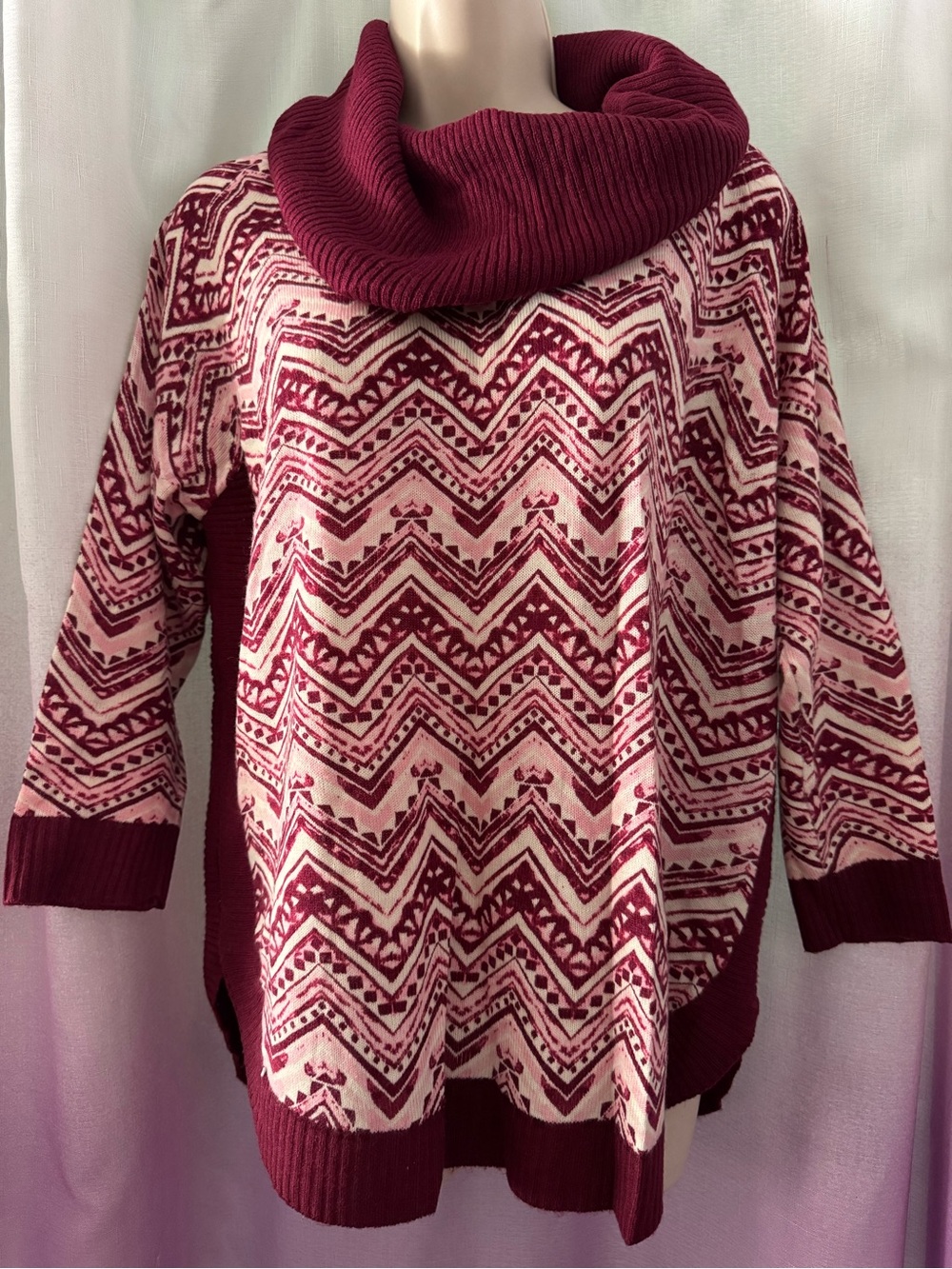 Kim Rogers Burgundy and Cream Cowl Neck Sweater